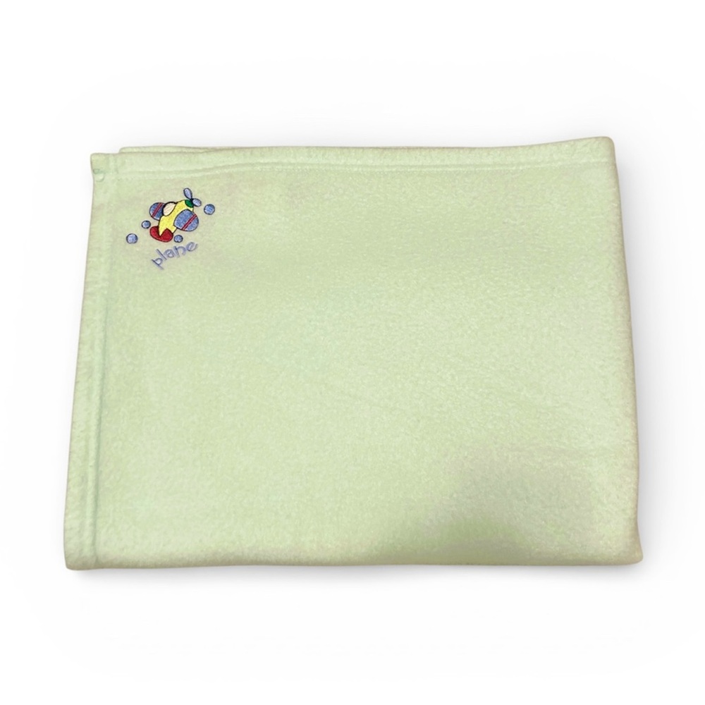 Vintage Baby Pastel Green Blanket Embroidered Air Plane 30x42” Fleece RN 62027